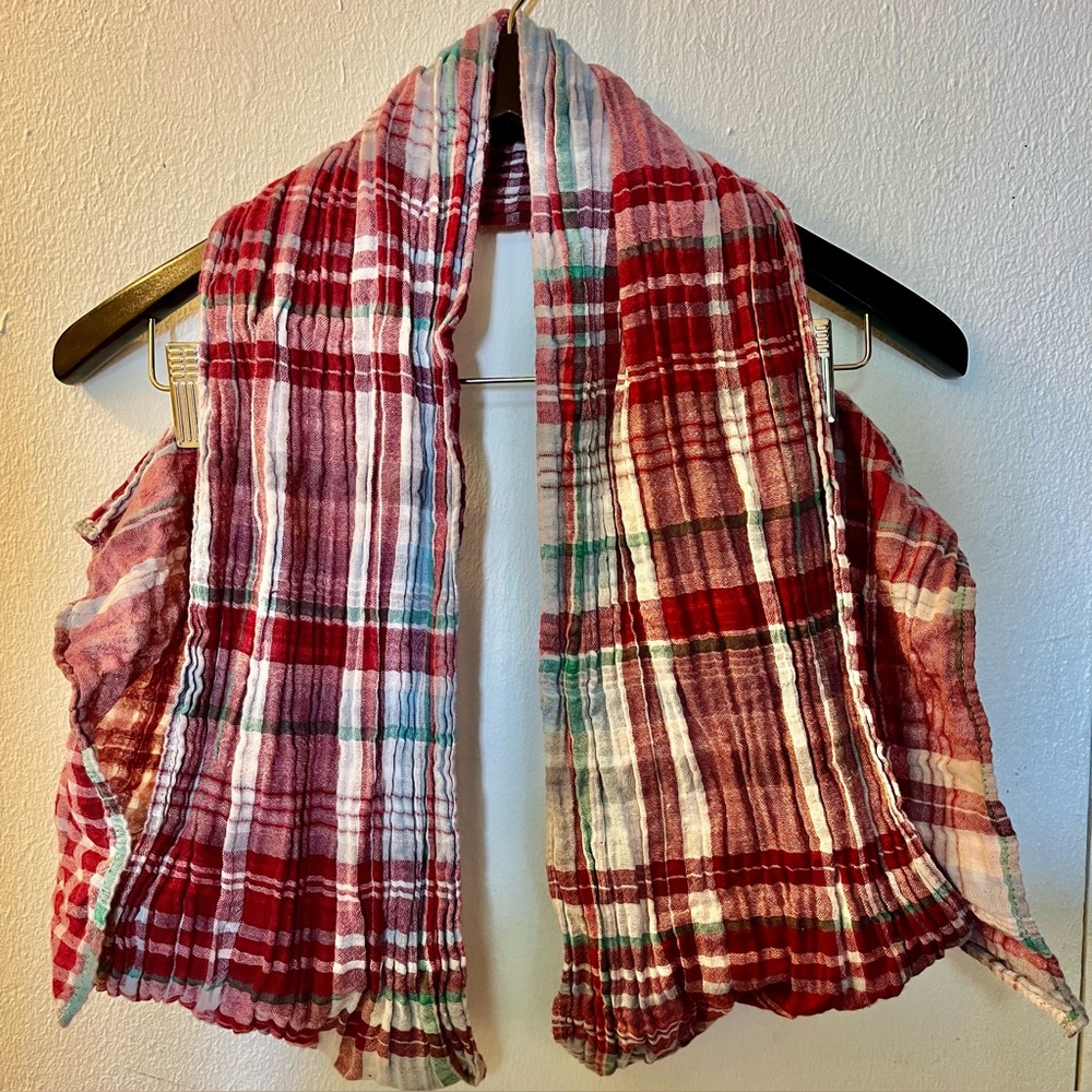 Scarf Cotton Plaid Tartan Red White Green Lightweight Cheesecloth Muslin